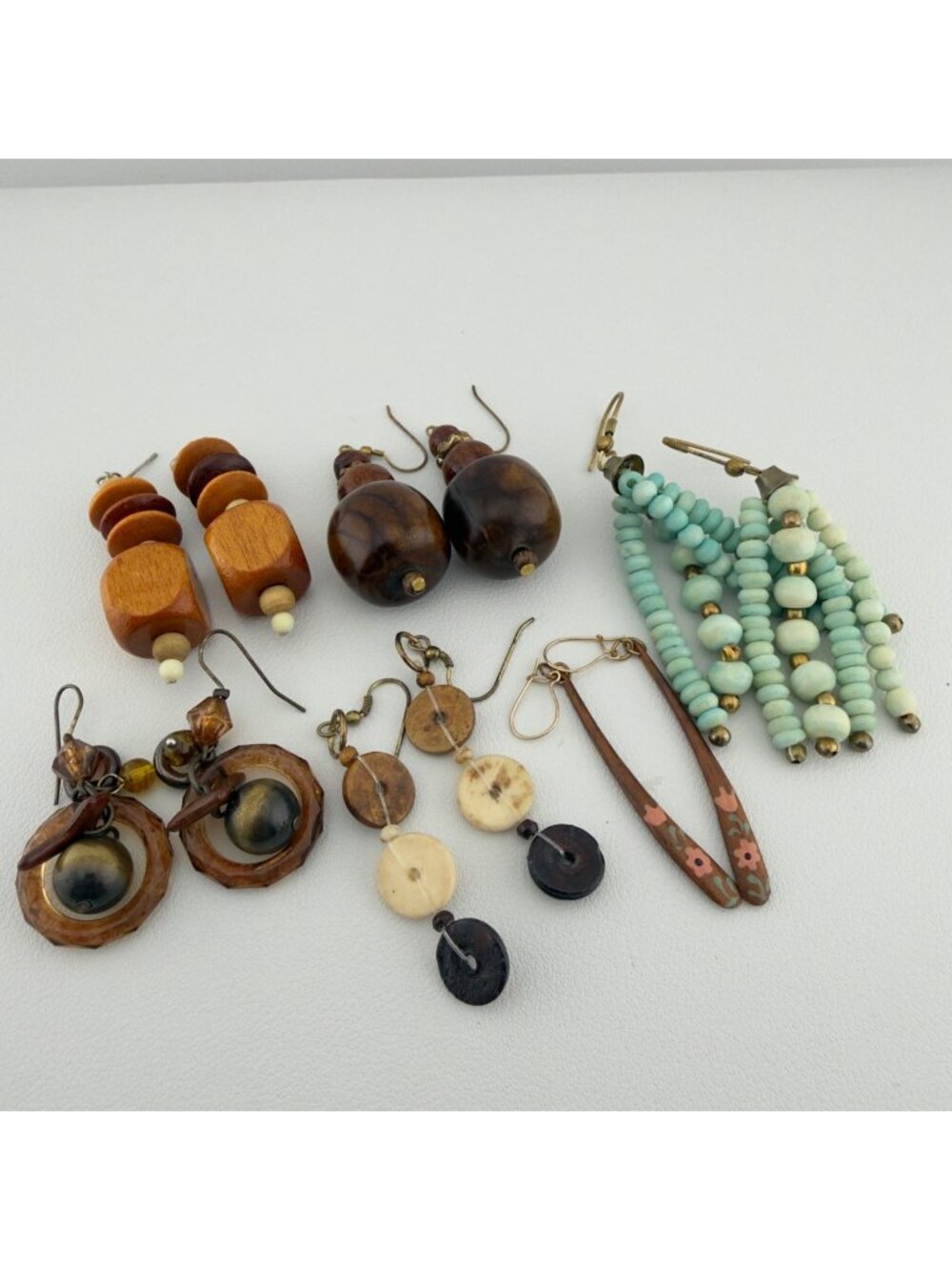 Vintage Boho Tribal Wood Earring Lot Handmade Mixed Beaded Dangle Earrings